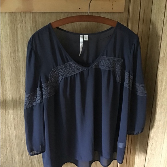 LC Lauren Conrad Tops - LC Lauren Conrad Top M Womens Navy Blue V-Neck Long Sleeve Lightweight Sheer